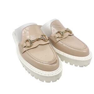 Jon Josef Women's Beige Patent Leather Horse Bit Chain Mule Loafers Size 38
